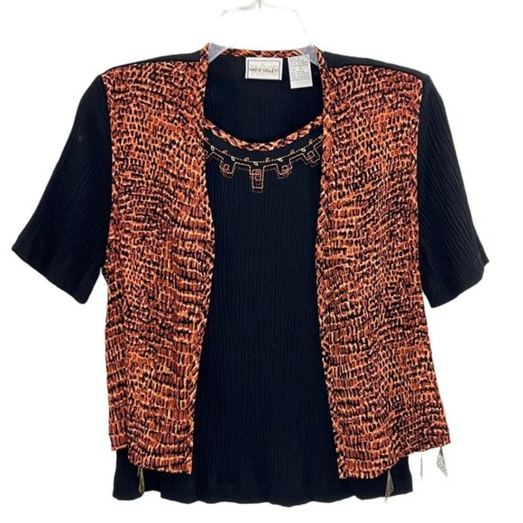 NAPA VALLEY Womens Top Attached Vest Accordian Stretch Black Orange Sz L Vintage - Picture 1 of 12
